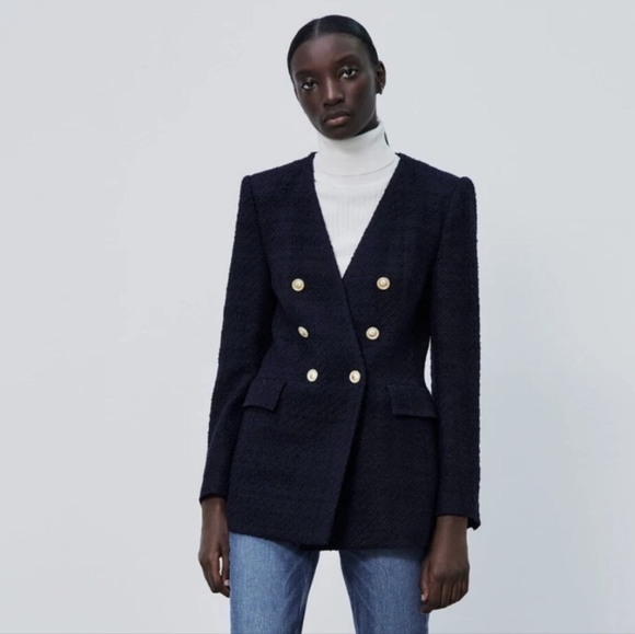 Zara Navy Lapelless Double-Breasted Blazer - Picture 1 of 8